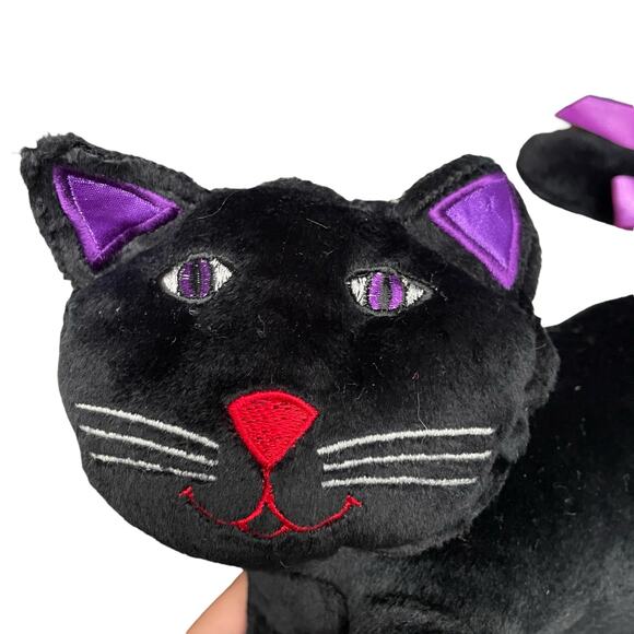 Vintage Black Cat Plush Purple Eyes Ears Pillow Stuffed Toy 1990s Halloween - Picture 3 of 16